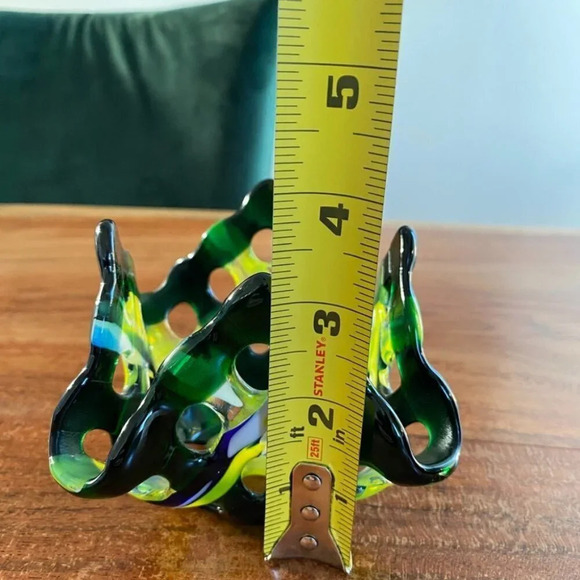 MCM Fused Glass Green Yellow Blue Lattice Style Candle Holder or Trinket Dish - Picture 5 of 15